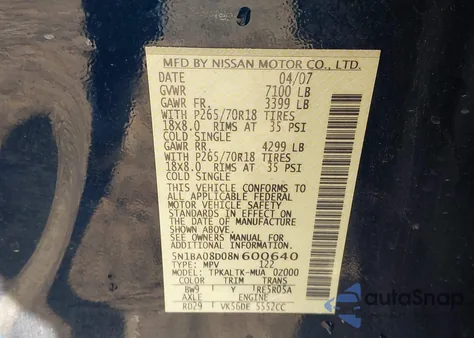 2008 Nissan Armada Se from USA, damaged, VIN 5N1BA08D08N600640